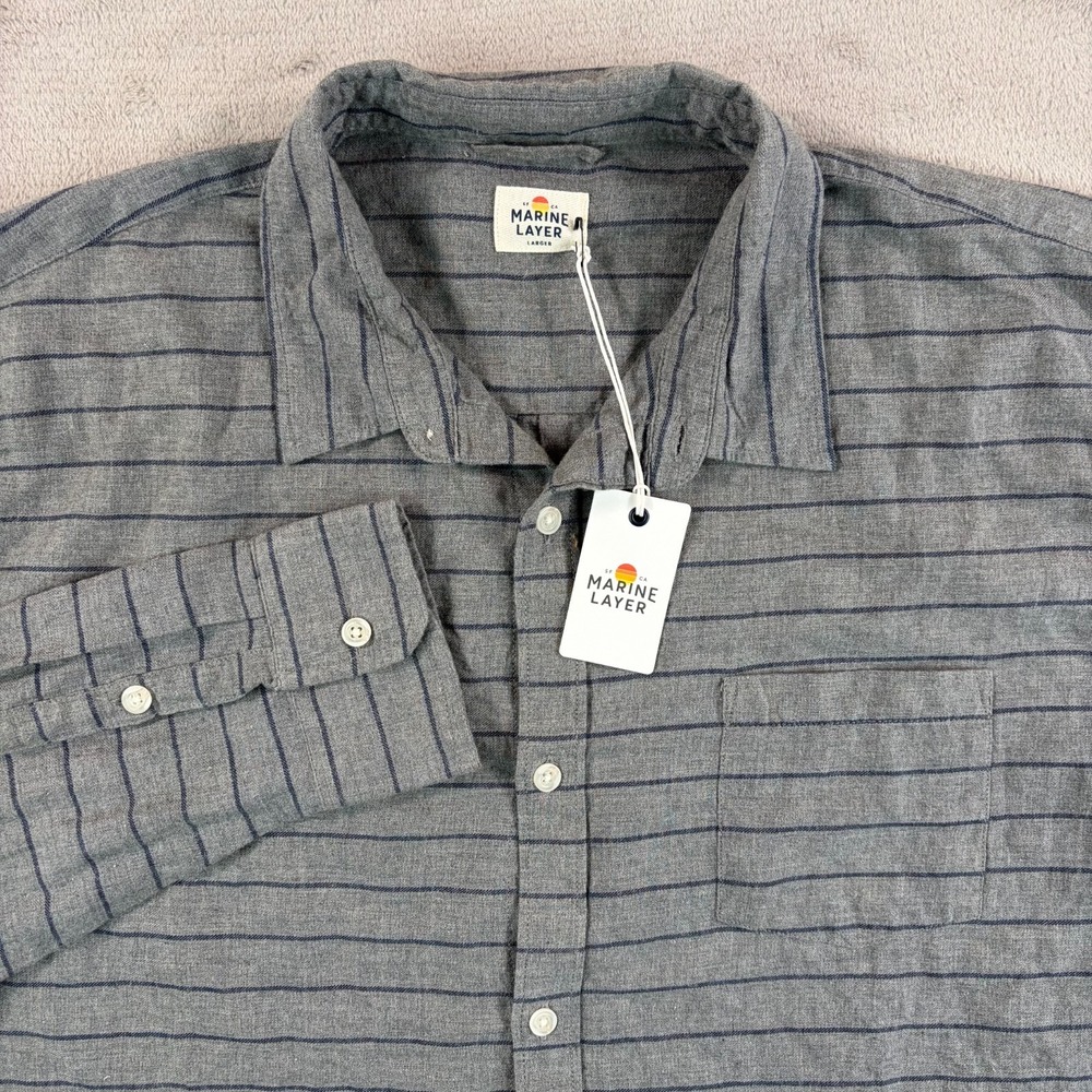 Marine Layer Lipton Shirt Men Larger Grey Blue Stripe Long Sleeve NWT $98‎